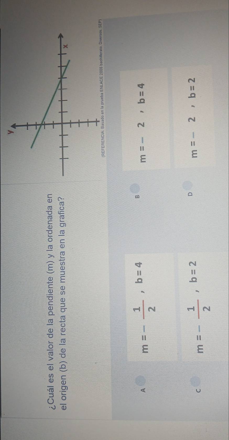 ¿Cuál es el valor de la pendiente (m) y la ordenada en
el origen (b) de la recta que se muestra en la grafica?
(REFERENCIA: Basado en la prueba ENLACE 2008 bachillerato, Diversos, SEP)
A
m=- 1/2 , b=4
B
m=-2, b=4
D
C
m=- 1/2 , b=2
m=-2, b=2