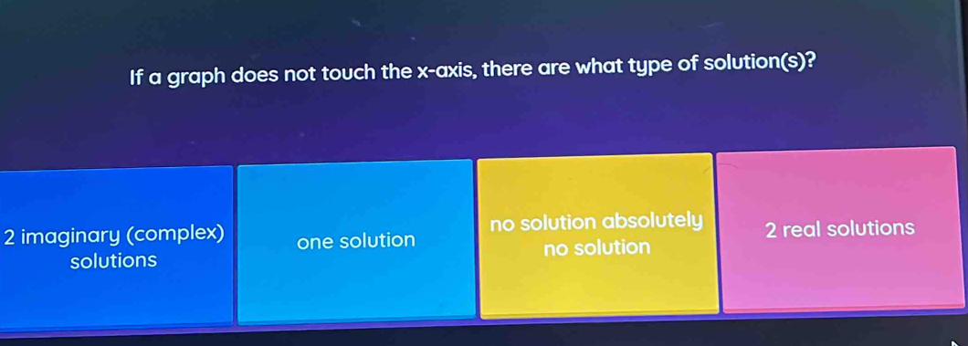 If a graph does not touch the x-axis, there are what type of solution(s)?
2 imaginary (complex) one solution no solution absolutely 2 real solutions
solutions no solution