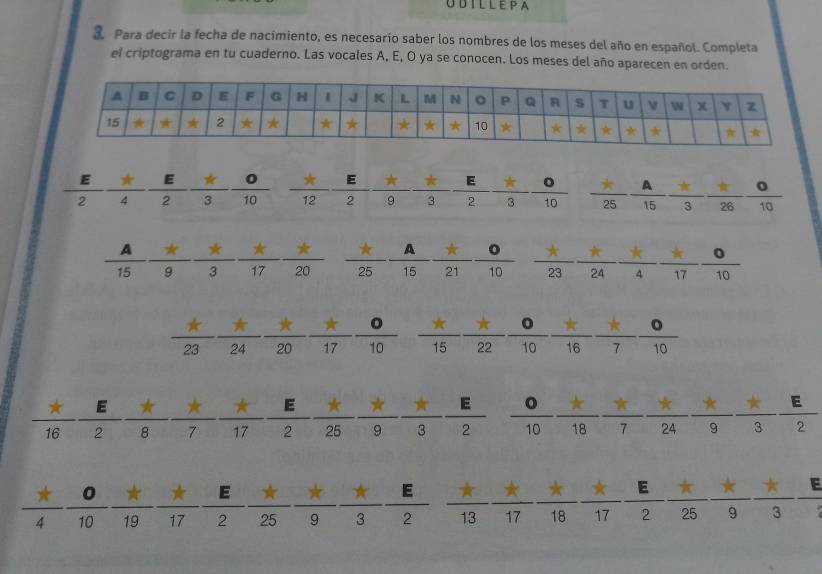 ODIL L E P A
3 Para decir la fecha de nacimiento, es necesario saber los nombres de los meses del año en español. Completa
el criptograma en tu cuaderno. Las vocales A, E, O ya se conocen. Los meses del año aparecen en orden.
15 9 3 17 20  π /25  A/15  π /21  0/10  A
= ^
2 2 A 4
KO
2 2 20 10 overline 15overline 22overline 10overline 16 3x-1 1
frac  overline  4: 20
O
x+
1010 7 [a, 6 2
A(1) 17  2/2  oc alpha 121718 250