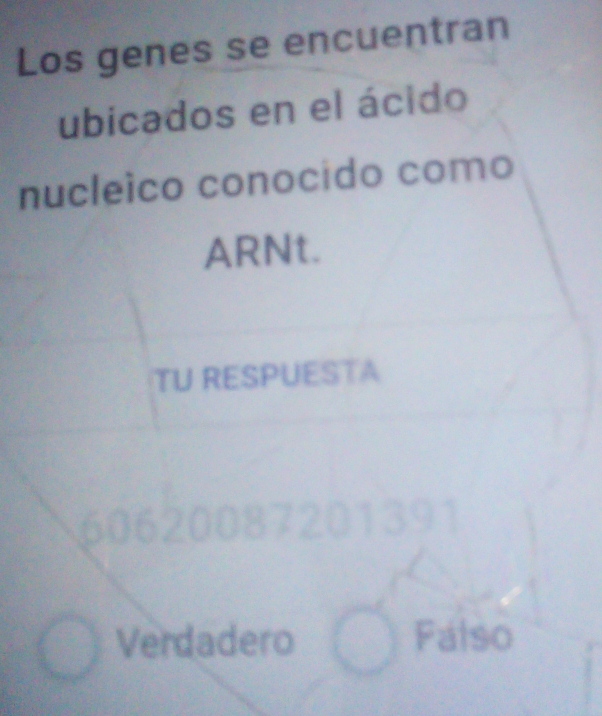 Los genes se encuentran
ubicados en el ácido
nucleíco conocido como
ARNt.
TU RESPUESTA
506. a
Verdadero Falso