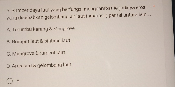 Sumber daya laut yang berfungsi menghambat terjadinya erosi *
yang disebabkan gelombang air laut ( abarasi ) pantai antara lain....
A. Terumbu karang & Mangrove
B. Rumput laut & bintang laut
C. Mangrove & rumput laut
D. Arus laut & gelombang laut
A