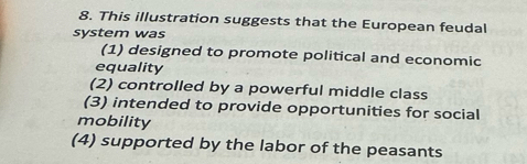 This illustration suggests that the European feudal
system was
(1) designed to promote political and economic
equality
(2) controlled by a powerful middle class
(3) intended to provide opportunities for social
mobility
(4) supported by the labor of the peasants