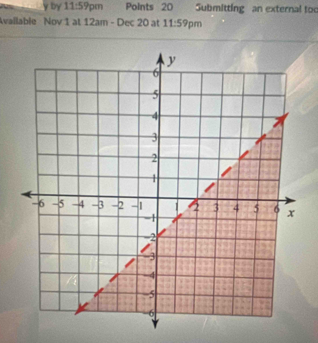 by 11:59 pm Points 20 Submitting an external too 
Available Nov 1 at 12am -Dec20 at 11:59 pm