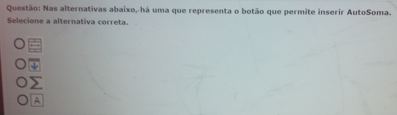 Nas alternativas abaíxo, há uma que representa o botão que permite inserir AutoSoma. 
Selecione a alternativa correta.