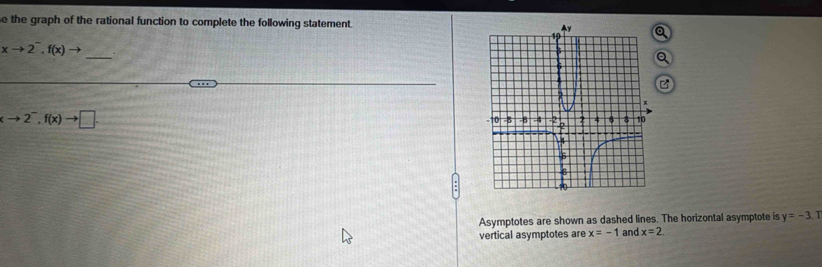 se the graph of the rational function to complete the following statement. 
_
xto 2^-, f(x)to.
xto 2^-, f(x)to □. 
Asymptotes are shown as dashed lines. The horizontal asymptote is y=-3 I 
vertical asymptotes are x=-1 and x=2.