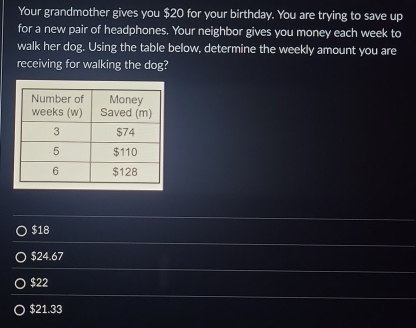 Your grandmother gives you $20 for your birthday. You are trying to save up
for a new pair of headphones. Your neighbor gives you money each week to
walk her dog. Using the table below, determine the weekly amount you are
receiving for walking the dog?
$18
$24.67
$22
$21.33