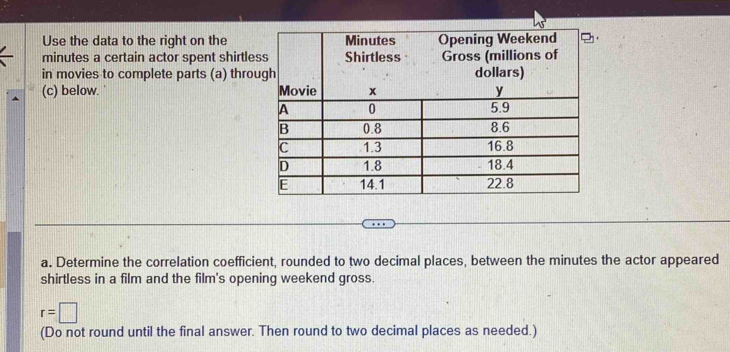 Use the data to the right on the
minutes a certain actor spent shirtle 
in movies to complete parts (a) thro 
(c) below. 
a. Determine the correlation coefficient, rounded to two decimal places, between the minutes the actor appeared 
shirtless in a film and the film's opening weekend gross.
r=□
(Do not round until the final answer. Then round to two decimal places as needed.)