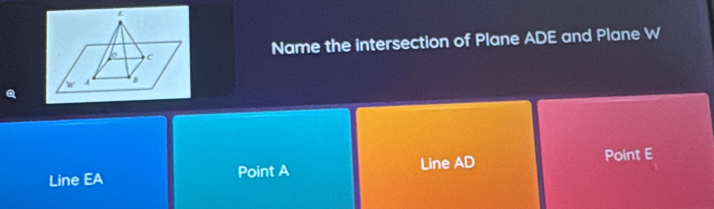 Name the intersection of Plane ADE and Plane W
Line EA Point A Line AD
Point E