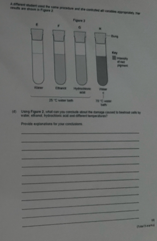 A different student used the same procedure and she controled all vanables appropnalely. Her
resufts are shown in Figuve 2
(d) Using Figure 2, what can you conclude about the damage caused to beefrool cells by
water, ethanol, hydrochioric acid and different temperatures?
Provide explanations for your conslusions
_
_
_
_
_
_
_
_
_
_
_
_
(4)
(Tolai 5 marks)