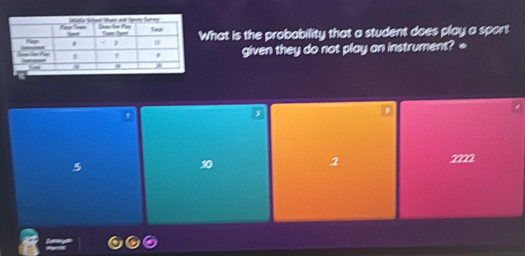 What is the probability that a student does play a sport
given they do not play an instrument? «
5
10
2
m