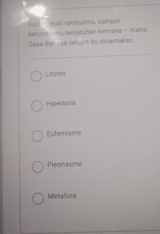 Kotor sekali rambutmu, sampai
ketombemu berjatuhan kemana - mana.
Gaya Bahasa serupa itu dinamakan...
Litotes
Hiperbola
Eufemisme
Pleonasme
Metafora