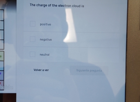 The charge of the electron cloud is
positive
negative
neutral
Volver a ver Siguiente pregunta