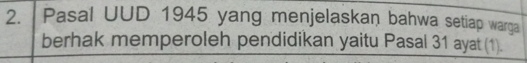 Pasal UUD 1945 yang menjelaskan bahwa setiap warga 
berhak memperoleh pendidikan yaitu Pasal 31 ayat (1).