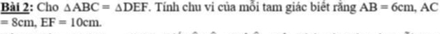 Cho △ ABC=△ DEF T. Tính chu vi của mỗi tam giác biết rằng AB=6cm, AC
=8cm, EF=10cm.