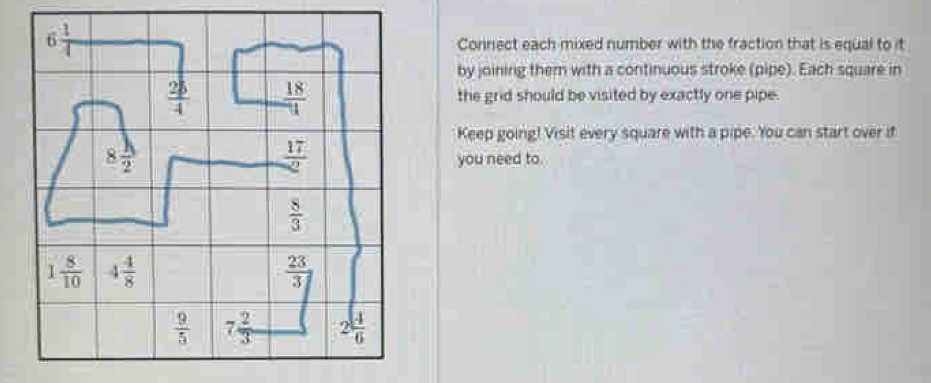 Connect each mixed number with the fraction that is equal to it
by joining them with a continuous stroke (pipe). Each square in
the grid should be visited by exactly one pipe.
Keep going! Visit every square with a pipe. You can start over if
you need to.