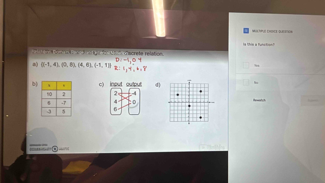 QUESTION
Is this a function?
Relations, Domain, Range, and Interval Notation screte relation.
a)  (-1,4),(0,8),(4,6),(-1,1)
Yes
b) c) d)
No

Rewatch
Buberet
ORee
B Năm