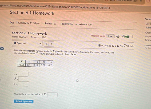 ULAs: Math Lear
ypresscollege.instructure.com/courses/32241/assignments/883909?module_item_i id=2083033
Section 6.1 Homework Subm
Due Thursday by 11:59p m Points 21 Submitting an external tool Oct 
Subn
Section 6.1 Homework Progress saved Done sqrt(0) Grad
Score: 19.94/21 Answered: 19/21 Grad (21 pts
Question 11 < 7 B 0.25/1 ptつ 3 □ 96 odot Details No Com Comme
21
Consider the discrete random variable X given in the table below. Calculate the mean, variance, and
standard deviation of X. Round answers to two decimal places.
mu =□
sigma^2=□
sigma =□
What is the expected value of X?□
Submit Question