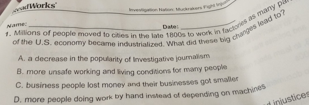 Solved: ReadWorks Investigation Nation: Muckrakers Fight Injus 1 ...