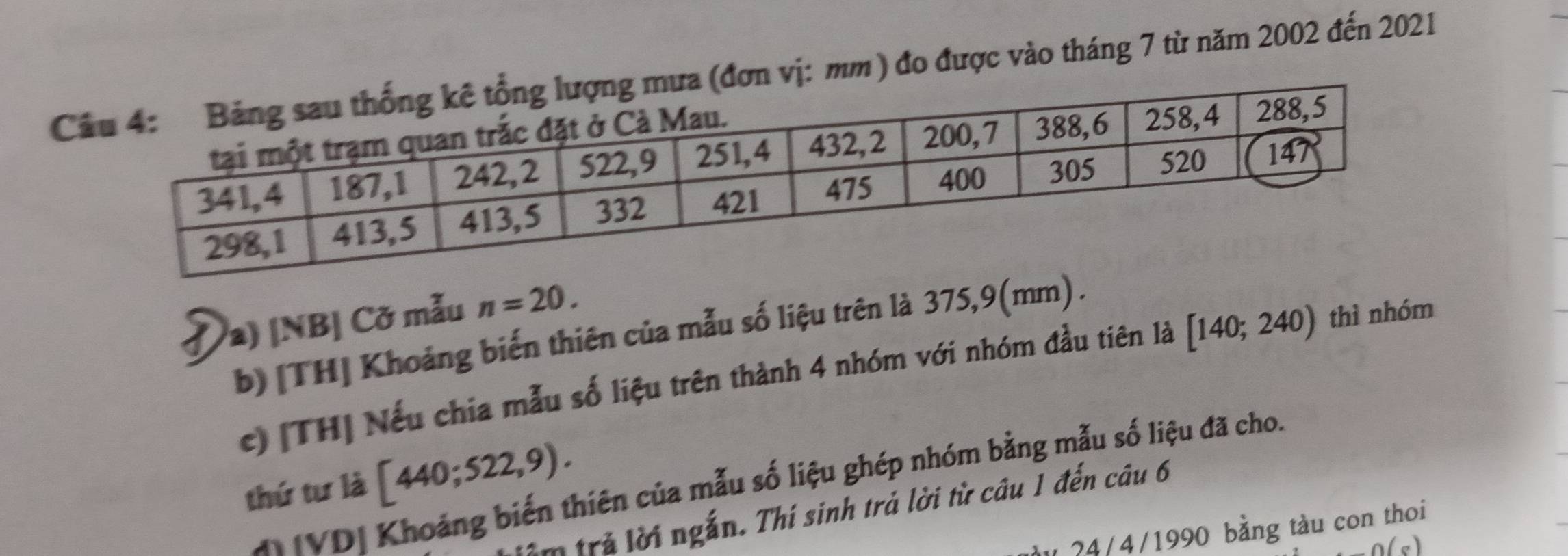 mm ) đo được vào tháng 7 từ năm 2002 đến 2021
a) [NB] Cỡ mẫu n=20.
b)[TH] Khoảng biến thiên của mẫu số liệu trên là 375,9(mm).
c) [TH] Nếu chia mẫu số liệu trên thành 4 nhóm với nhóm đầu tiên là [140;240) thì nhóm
thứ tư là [440;522,9).
A  IVD| Khoảng biến thiên của mẫu số liệu ghép nhóm bằng mẫu số liệu đã cho.
n trả lời ngắn. Thí sinh trả lời từ câu 1 đến câu 6
?4/4/1990 bằng tàu con thoi
(s)