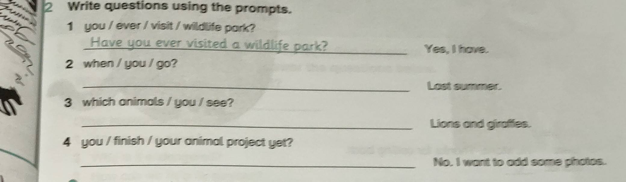 Write questions using the prompts. 

1 you / ever / visit / wildlife park? 
Have you ever visited a wildlife park?_ 
Yes, I have. 
2 when / you / go? 
_Last summer. 
3 which animals / you / see? 
_Lions and girofies. 
4 you / finish / your animal project yet? 
_No, I want to add some photas.