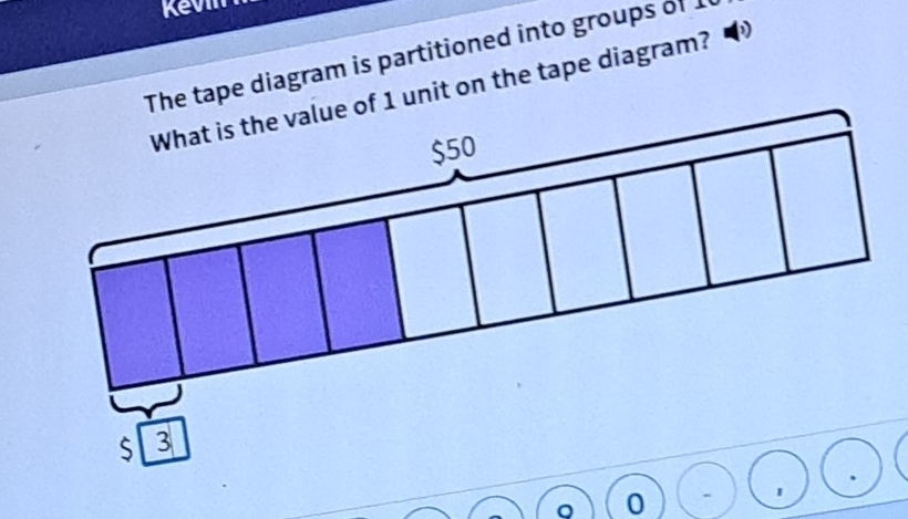 The tape diagram is partitioned into groups of 
What is the value of 1 unit on the tape diagram?
$50
S 3
0