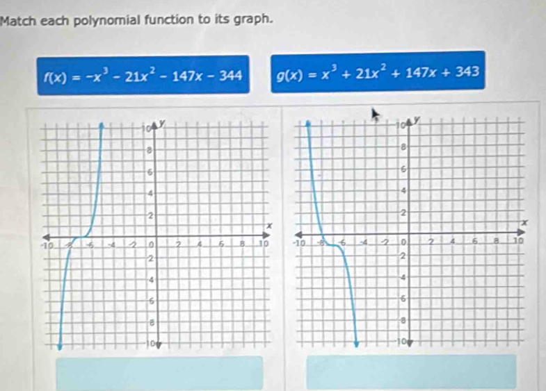 Match each polynomial function to its graph.
f(x)=-x^3-21x^2-147x-344 g(x)=x^3+21x^2+147x+343