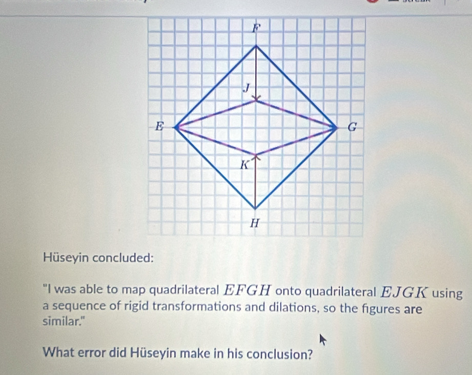 Hüseyin concluded: 
"I was able to map quadrilateral EFGH onto quadrilateral EJGK using 
a sequence of rigid transformations and dilations, so the figures are 
similar." 
What error did Hüseyin make in his conclusion?