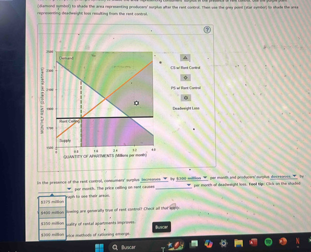 (diamond symbol) to shade the area representing producers' surplus after the rent control. Then use the grey point (star symbol) to shade the area
representing deadweight loss resulting from the rent control.
2500
Demand
2300 CS w! Rent Control
2100 PS w' Rent Control
*
1900 Deadweight Loss
Rent Ceiling
1700
Supply
1500 1.6 2.4 32 4.0
0.8
QUANTITY OF APARTMENTS (Millions per month)
In the presence of the rent control, consumers' surplus increases by $300 million per month and producers' surplus decreases by
per month. The price ceiling on rent causes_ per month of deadweight loss. Tool tip: Click on the shaded
$375 million raph to see their areas.
$400 million llowing are generally true of rent control? Check all that apply.
$350 million uality of rental apartments improves.
Buscar
$300 million price methods of rationing emerge.
Buscar