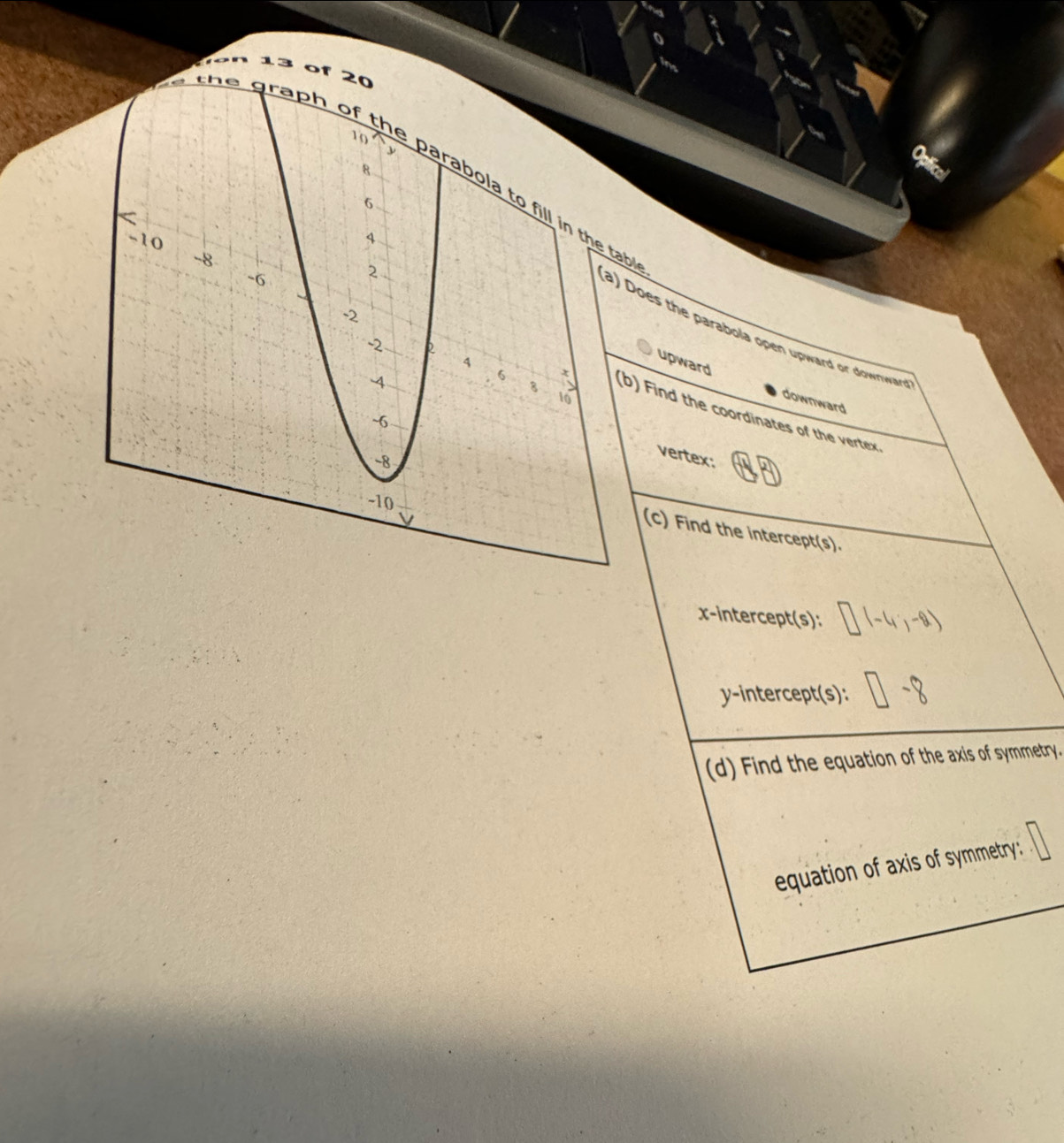 oes the parabola open upward or downwar
upward downward
Find the coordinates of the vertex
vertex:
(c) Find the intercept(s).
x-intercept(s):
y-intercept(s):
(d) Find the equation of the axis of symmetry.
equation of axis of symmetry :