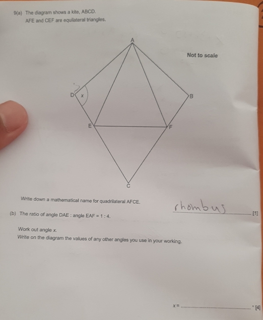 Solved: 9(a) The diagram shows a kite, ABCD. AFE and CEF are ...