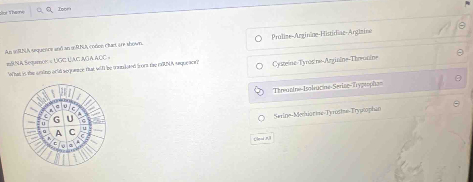 lor Theme Zoom
An mRNA sequence and an mRNA codon chart are shown. Proline-Arginine-Histidine-Arginine
Cysteine-Tyrosine-Arginine-Threonine
mRNA Sequence: =UGO UAC AGA ACC =
What is the amino acid sequence that will be translated from the mRNA sequence?
Threonine-Isoleucine-Serine-Tryptophan
Serine-Methionine-Tyrosine-Tryptophan
Clear All