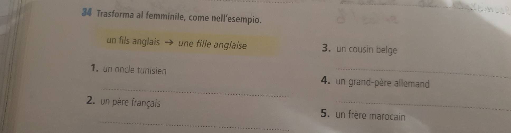 Trasforma al femminile, come nell’esempio. 
un fils anglais une fille anglaise 3. un cousin belge 
1. un oncle tunisien 
_ 
_ 
4. un grand-père allemand 
_ 
2. un père français 5. un frère marocain