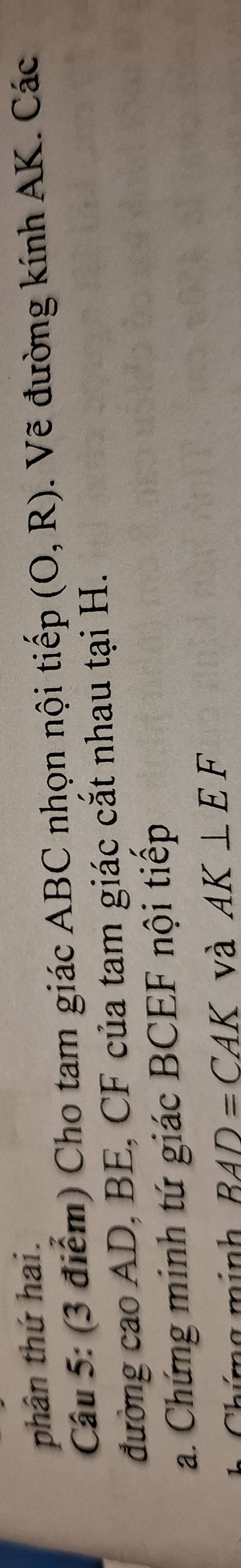 phân thứ hai. 
Câu 5: (3 điểm) Cho tam giác ABC nhọn nội tiếp (O,R). Vẽ đường kính AK. Các 
đường cao AD, BE, CF của tam giác cắt nhau tại H. 
a. Chứng minh tứ giác BCEF nội tiếp
h í g minh BAD=CAK và AK⊥ EF