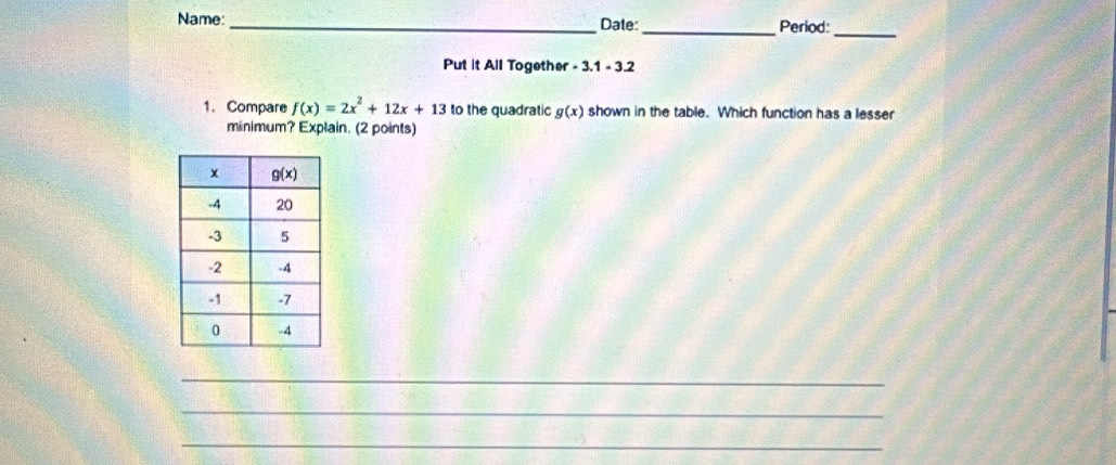 Name:_ Date:_ Period:_
Put it All Together - 3.1 - 3.2
1. Compare f(x)=2x^2+12x+13 to the quadratic g(x) shown in the table. Which function has a lesser
minimum? Explain. (2 points)
_
_
_