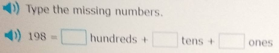 Type the missing numbers.
198=□ hunc reds+□ tens+□ ones