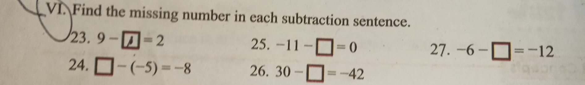 Find the missing number in each subtraction sentence. 
23. 9-=2
25. -11-□ =0
27. -6-□ =-12
24. □ -(-5)=-8
26. 30-□ =-42