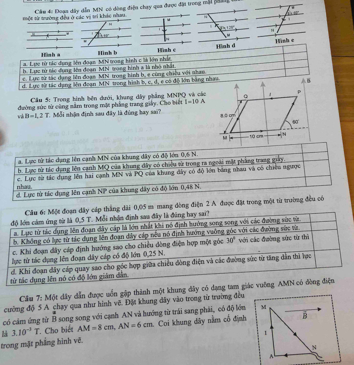 Đoạn dây dẫn MN có dòng điện chạy qua được đặt trong mặt pháng c
M
1
N
N
  
 
Câu 5: Trong hình bên dưới, khung dây phẳng MNPQ và các
đường sức từ cùng nằm trong mặt phẳng trang giấy. Cho biết I=10A
và B=1,2T. Mỗi nhận định sau đây là đúng hay sai?
a. Lực từ tác dụng lên cạnh MN của khung dây có độ lớn 0,6 N.
b. Lực từ tác dụng lên cạnh MQ của khung dây có chiều từ trong ra ngoài mặt phẳng trang giấy.
c. Lực từ tác dụng lên hai cạnh MN và PQ của khung dây có độ lớn bằng nhau và có chiều ngược
nhau.
d. Lực từ tác dụng lên cạnh NP của khung dây có độ lớn 0,48 N.
Câu 6: Một đoạn dây cáp thẳng dài 0,05 m mang dòng điện 2 A được đặt trong một từ trường đều có
độ lớn cảm ứng từ là 0,5 T. Mỗi nhận định sau đây là đúng hay sai?
a. Lực từ tác dụng lên đoạn dây cáp là lớn nhất khi nó định hướng song song với các đường sức từ.
b. Không có lực từ tác dụng lên đoạn dây cáp nếu nó định hướng vuông góc với các đường sức từ.
c. Khi đoạn dây cáp định hướng sao cho chiều dòng điện hợp một góc 30° với các đường sức từ thì
lực từ tác dụng lên đoạn dây cáp có độ lớn 0,25 N.
d. Khi đoạn dây cáp quay sao cho góc hợp giữa chiều dòng điện và các đường sức từ tăng dần thì lực
từ tác dụng lên nó có độ lớn giảm dần.
Câu 7: Một dây dẫn được uốn gập thành một khung dây có dạng tam giác vuông AMN có dòng điện
cường độ 5 A chạy qua như hình vẽ. Đặt khung dây vào trong từ trường đều
có cảm ứng từ B song song với cạnh AN và hướng từ trái sang phải, có độ lớn M
là 3.10^(-3)T. Cho biết AM=8cm,AN=6cm. Coi khung dây nằm cố định
B
1
trong mặt phẳng hình vẽ.
N
A