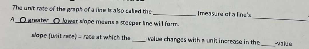 The unit rate of the graph of a line is also called the _(measure of a line's 
A 〇 greater 〇 lower slope means a steeper line will form. 
_ 
slope (unit rate) = rate at which the_ -value changes with a unit increase in the _-value