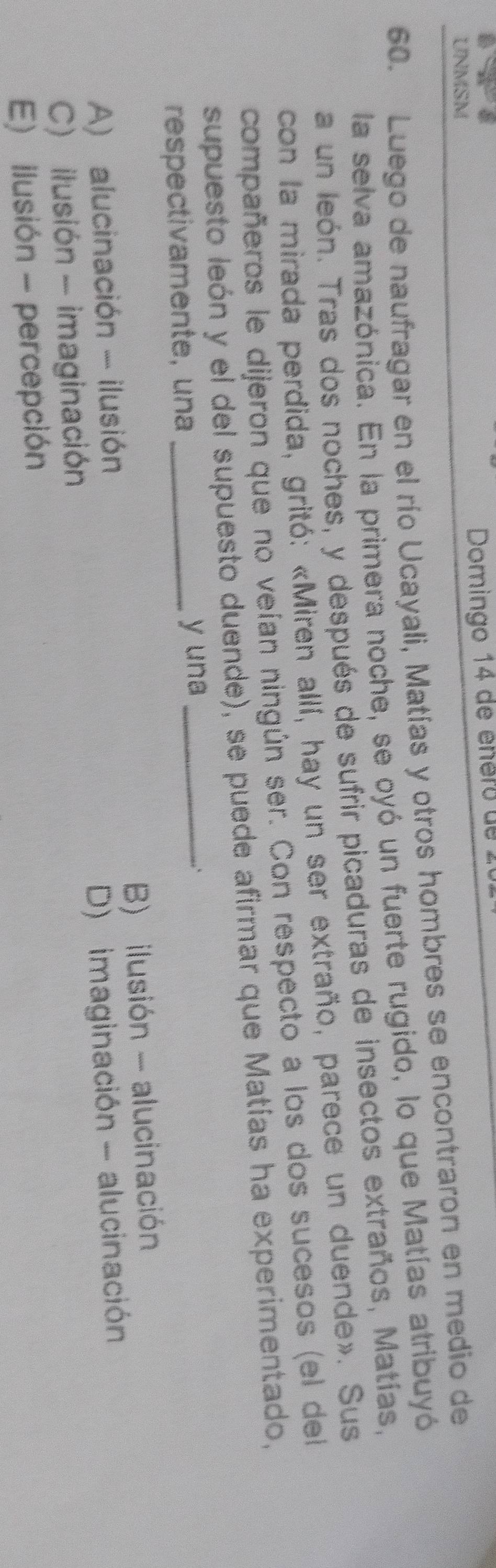 UNMSM Domingo 14 de enéro de 
60. Luego de naufragar en el río Ucayali, Matías y otros hombres se encontraron en medio de
la selva amazónica. En la primera noche, se oyó un fuerte rugido, lo que Matías atribuyó
a un león. Tras dos noches, y después de sufrir picaduras de insectos extraños, Matías,
con la mirada perdida, gritó: «Miren allí, hay un ser extraño, parece un duende». Sus
compañeros le dijeron que no veían ningún ser. Con respecto a los dos sucesos (el del
supuesto león y el del supuesto duende), se puede afirmar que Matías ha experimentado,
respectivamente, una _y una _`
A) alucinación - ilusión B) ilusión - alucinación
C) ilusión - imaginación D) imaginación - alucinación
E) ilusión - percepción