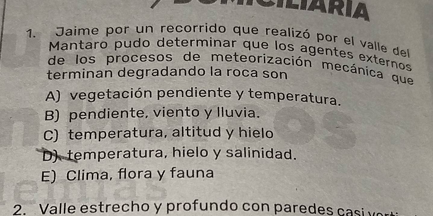 SILARIA
1. Jaime por un recorrido que realizó por el valle del
Mantaro pudo determinar que los agentes externos
de los procesos de meteorización mecánica que
terminan degradando la roca son
A) vegetación pendiente y temperatura.
B) pendiente, viento y lluvia.
C) temperatura, altitud y hielo
D) temperatura, hielo y salinidad.
E) Clima, flora y fauna
2. Valle estrecho y profundo con paredes