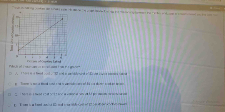 A Unil 2 (23-24) / 21 of 21
B Pasne
Travis is baking cookies for a bake sale. He made the graph below to show the relationship between the number of dozens of cookies baked and the total cost
3
Dozens of Cookies Baked
Which of these can be concluded from the graph?
A. There is a fixed cost of $2 and a variable cost of $3 per dozen cookies baked.
B. There is not a fixed cost and a variable cost of $5 per dozen cookies baked.
C. There is a fixed cost of $2 and a variable cost of $5 per dozen cookies baked.
Activate Wincous
D. There is a fixed cost of $3 and a variable cost of $2 per dozen cookies baked.