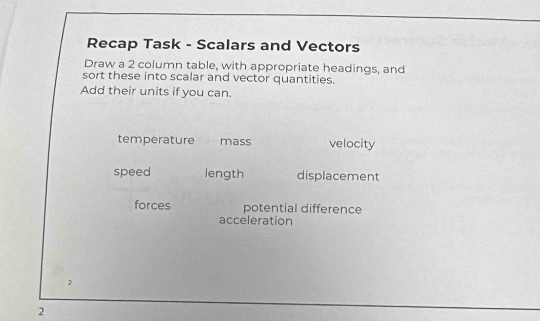 Recap Task - Scalars and Vectors 
Draw a 2 column table, with appropriate headings, and 
sort these into scalar and vector quantities. 
Add their units if you can. 
temperature mass velocity 
speed length displacement 
forces potential difference 
acceleration 
2 
2