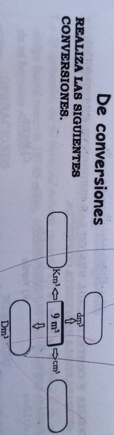 De conversiones 
REALIZA LAS SIGUIENTES
dm^3
CONVERSIONES.
Km^3 9m^3 cm^3
Dm^3