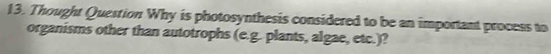 Thought Question Why is photosynthesis considered to be an important process to 
organisms other than autotrophs (e.g. plants, algae, etc.)?