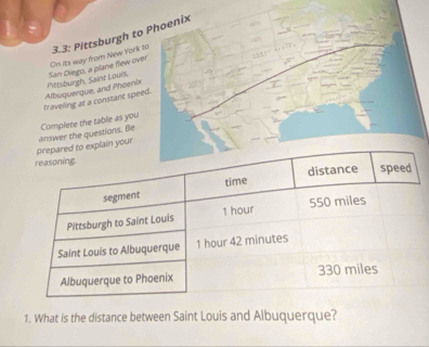 On its way from New York to 3.3 : Pittsburgh to Phoenix 
traveling at a constant speed. Albuquerque, and Phoenix Pittsburgh, Saint Louis, San Diego, a plane flew over 
lain your answer the questions. Be Complete the table as you 
1. What is the distance between Saint Louis and Albuquerque?