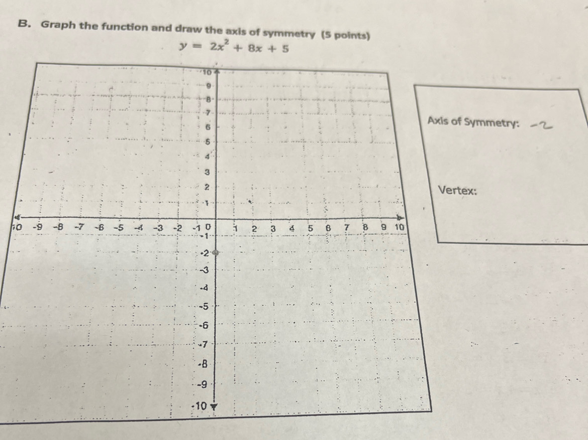 Graph the function and draw the axis of symmetry (5 points)
y=2x^2+8x+5
metry: 
to