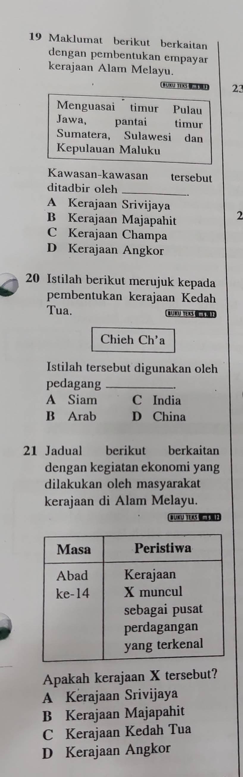 Maklumat berikut berkaitan
dengan pembentukan empayar
kerajaan Alam Melayu.
BUKU TEKS 23
Menguasai timur Pulau
Jawa, pantai timur
Sumatera, Sulawesi dan
Kepulauan Maluku
Kawasan-kawasan tersebut
ditadbir oleh_
.
A Kerajaan Srivijaya
B Kerajaan Majapahit
2
C Kerajaan Champa
D Kerajaan Angkor
20 Istilah berikut merujuk kepada
pembentukan kerajaan Kedah
Tua. BUkU TEK m 
Chieh Ch'a
Istilah tersebut digunakan oleh
pedagang_
A Siam C India
B Arab D China
21 Jadual berikut berkaitan
dengan kegiatan ekonomi yang
dilakukan oleh masyarakat
kerajaan di Alam Melayu.
BUKU TEKS mS 
Apakah kerajaan X tersebut?
A Kerajaan Srivijaya
B Kerajaan Majapahit
C Kerajaan Kedah Tua
D Kerajaan Angkor