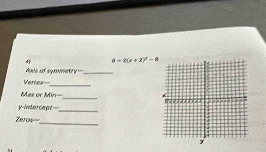 0=2(x+2)^2-8
Axis of symmetry---_ 
Vertex==_ 
_ 
Max or Min 
y-intercept—_ 
Zeros 
_