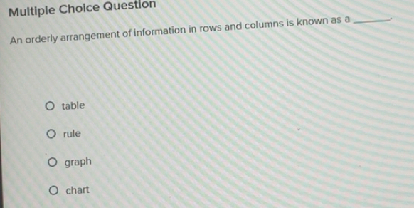Solved: Question An orderly arrangement of information in rows and ...