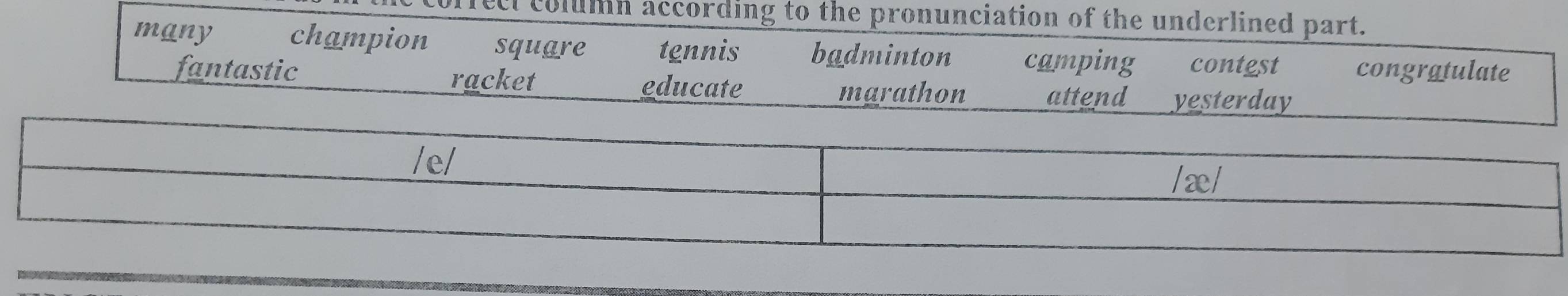 feci column according to the pronunciation of the underlined part.
many champion square tennis badminton camping contgst congratulate
fantastic racket educate marathon attend yesterday